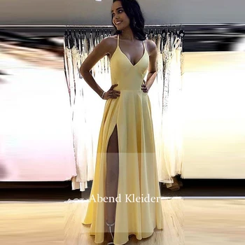

Long Yellow Chiffon Graduation Prom Dresses 2020 with Slit V Neck Cheap Party Gowns Robe De Princesse Femme