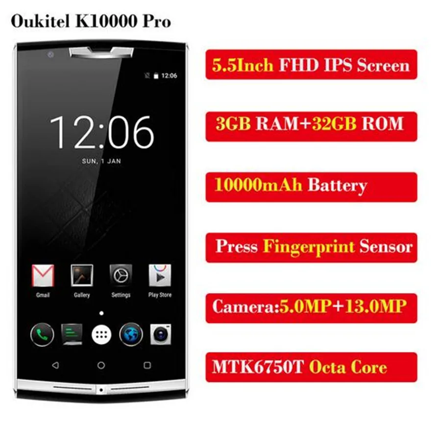 Oukitel K10000 Pro MT6750T Восьмиядерный мобильный телефон 10000 мАч 5,5 дюймов FHD 3 ГБ + 32 ГБ Android7 OTG 13 МП отпечаток пальца 4G LTE смартфон
