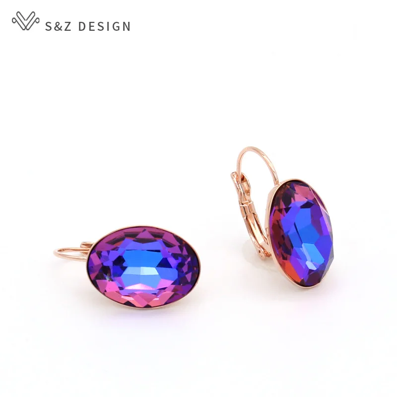 S&Z DESIGN New Trendy 585 Rose Gold Color Luxury Big Oval Pink Crystal Dangle Earrings For Women Wedding Jewelry
