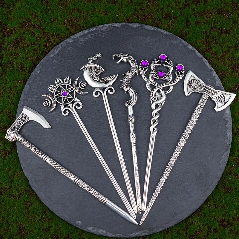 Ethic Dragon Hairsticks Silver Axe Sword Hair Accessories Witch Snake Triple Moon Pentagram Hairpin Hair Stick