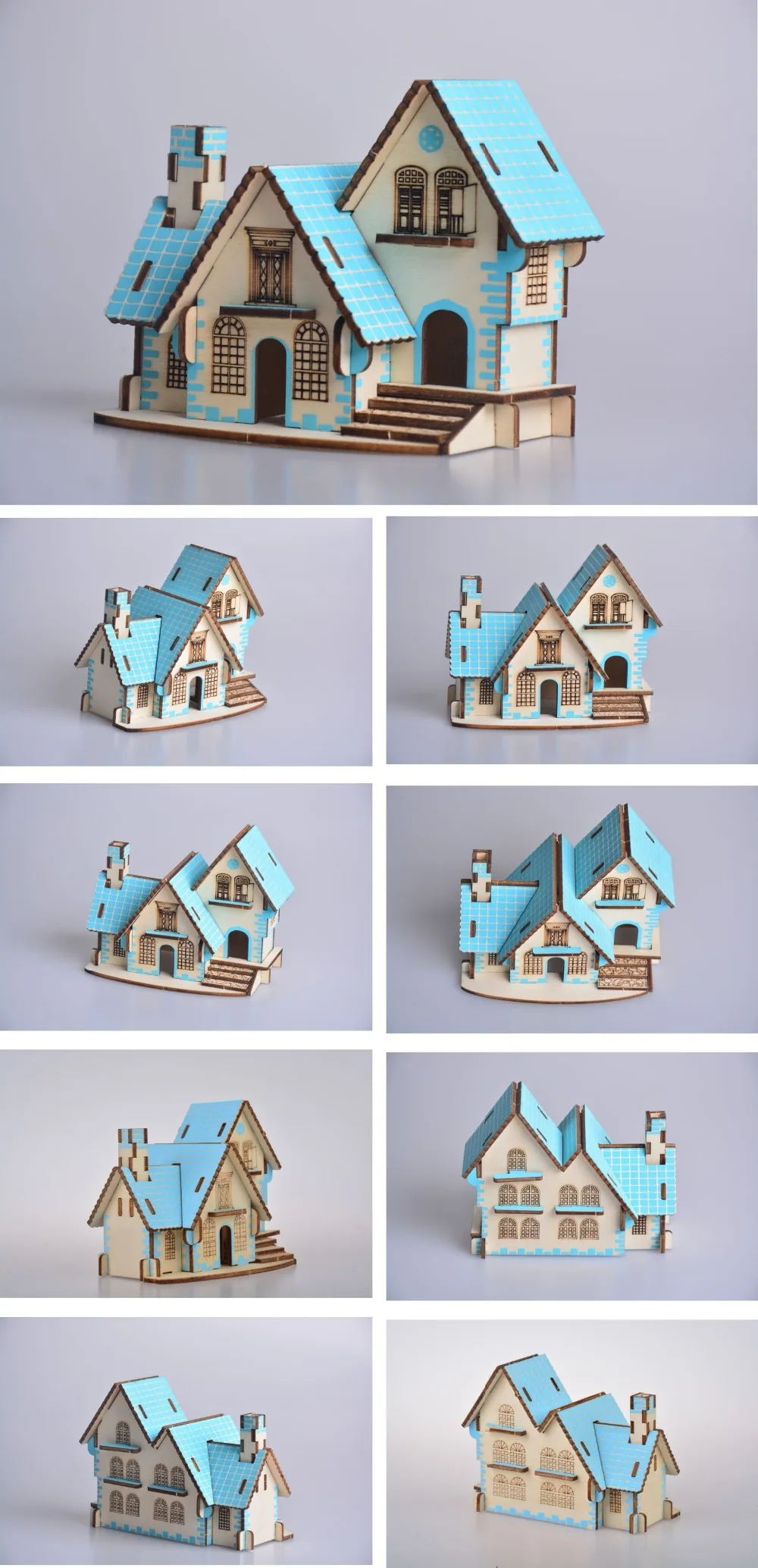 Мощный синий дом DIY 3D деревянная головоломка по дереву сборочный набор режущие деревянные игрушки для рождественского подарка 3107