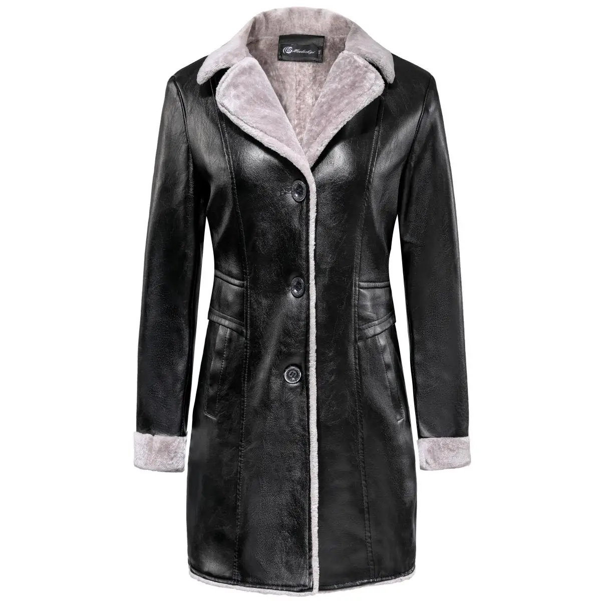 New Autumn Winter Warm Long Leather Jacket Fashion Women Slim Turn Down Collar Faux Wool Liner Leahter Caots Pvc Outerwear - Цвет: 1