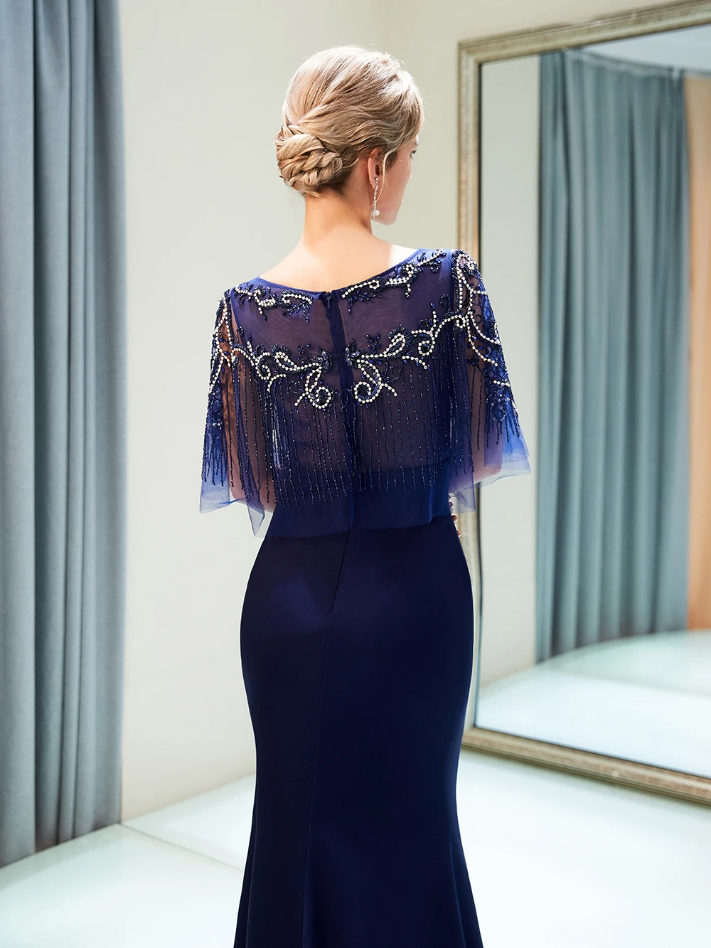 Элегантные темно-синие вечерние платья с половинными рукавами, эластичные атласные, бисерные, бисерные, хрустальные, формальные, Русалка, robe de soiree