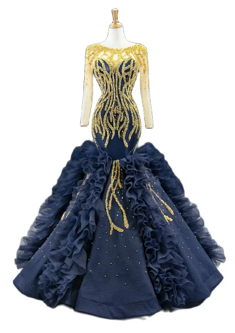 

Elegant Long Sleeves Evening Dress For Party Gown Navy Gold Sequins Lace Long Prom Dress Custom Made Bridal Formal Gowns 2021