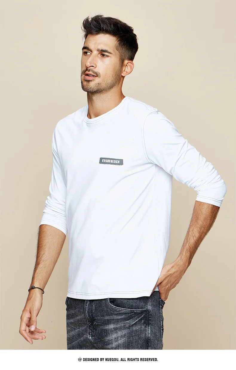 KUEGOU осень хлопок белая простая футболка с принтом Мужская футболка брендовая футболка с длинным рукавом Футболка модная одежда Топ 7783