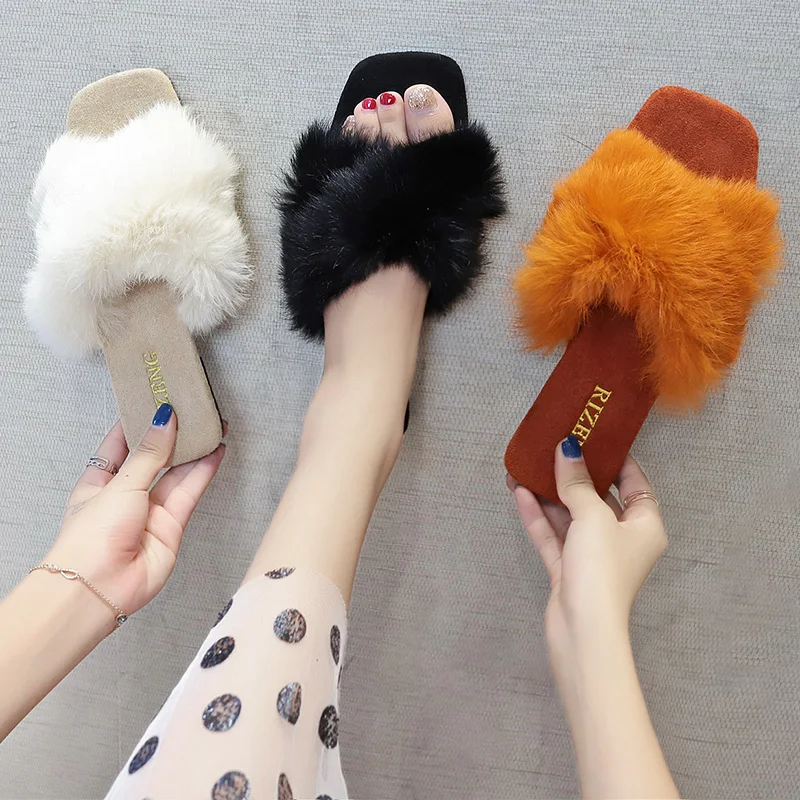 

Women's Slippers 2019 Pokemon Plush Beige Heeled Sandals Luxury Slides Shoes Ladies Flip Flops New Fur Black Designer Flat