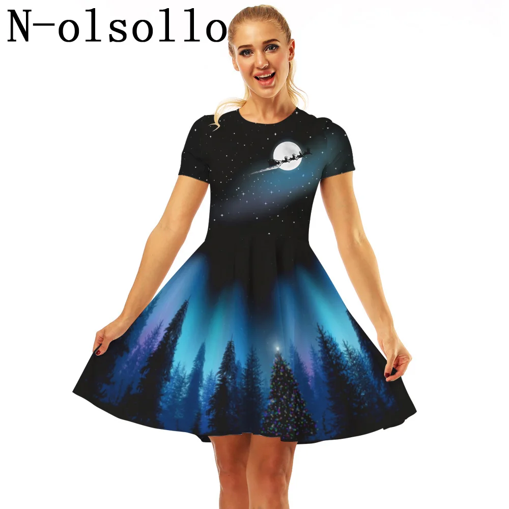 N-olsollo Vestidos Verano Mujer, синее рождественское платье с 3D принтом, Повседневное платье с коротким рукавом и круглым вырезом, женские сексуальные вечерние платья