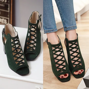 

Gladiator Roman Women Sandals 2020 Fashion High Heels Summer Shoes Open Toe Chunky Heels Retro Summer Ankle Boots Green Black