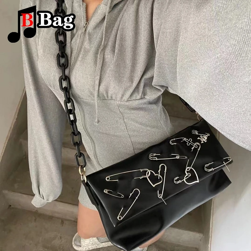 Goth Y2k Black Punk Rivet Chain Skeleton Fashion Women Backpack Bag