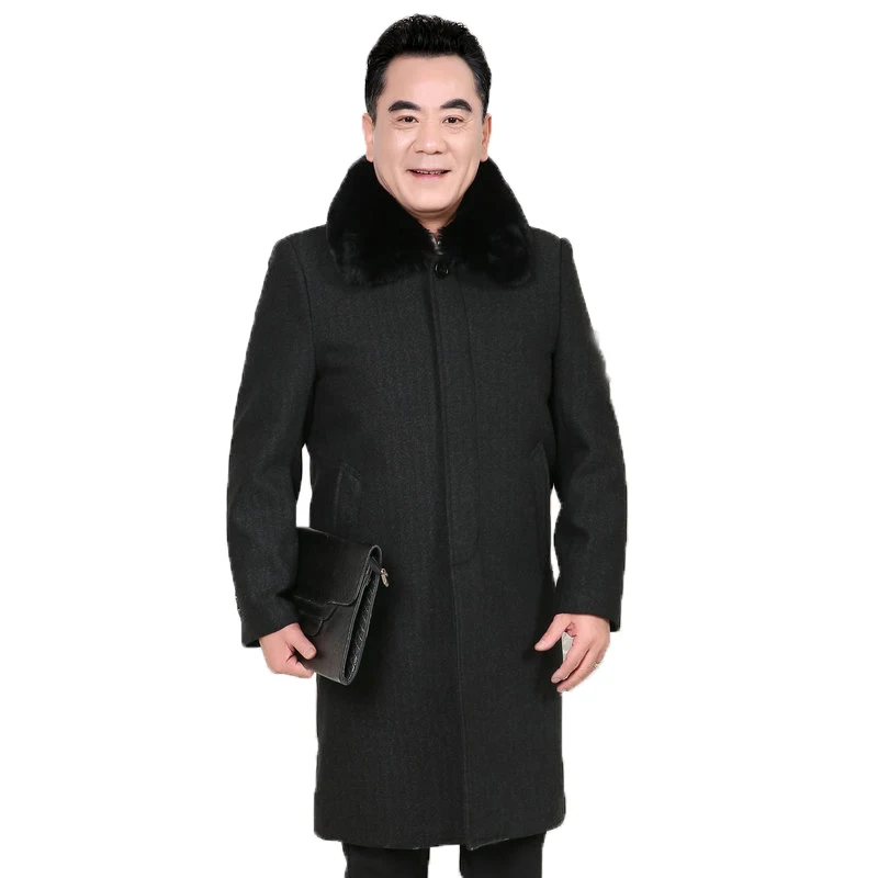 Для зрелых мужчин Элегантные твидовые пальто черные шерстяные смеси букле пальто мужской длинный меховой воротник утолщенная шерстяная подкладка верхняя одежда зимняя одежда