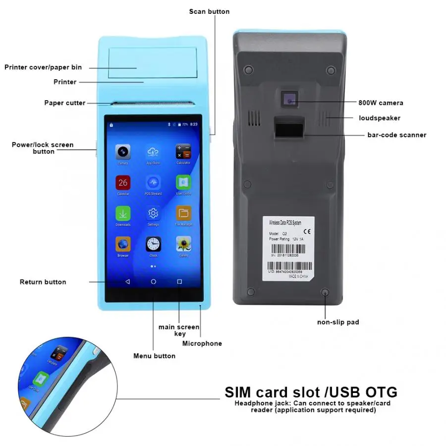 Q1 58 мм для Android 6,0 четырехъядерный процессор 8 Гб Nand Flash Bluetooth WiFi принтер синий 110-240 в Новинка