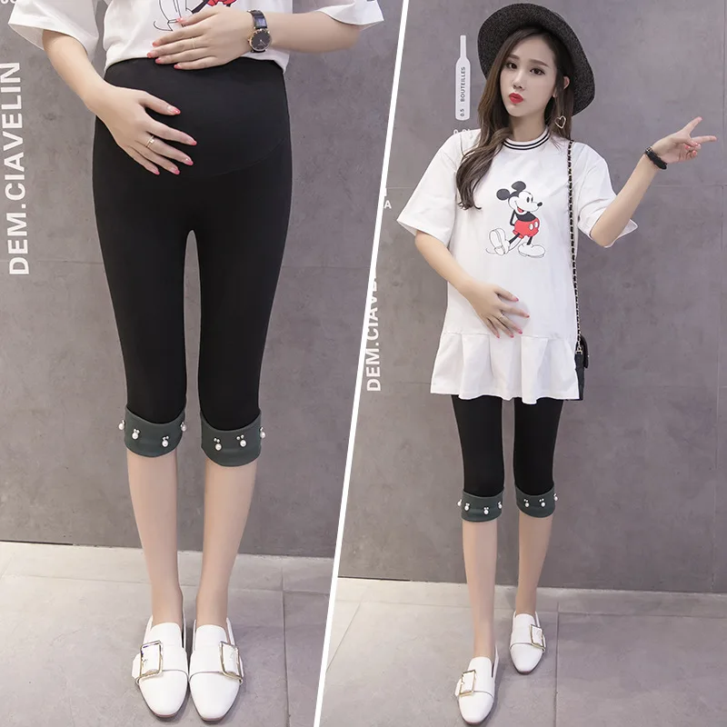 

2019 Versatile Summer Wear Trend New Style Beads Abdominal Support Maternity Clothes Leggings Capri Pants Slimming Summer Fashio