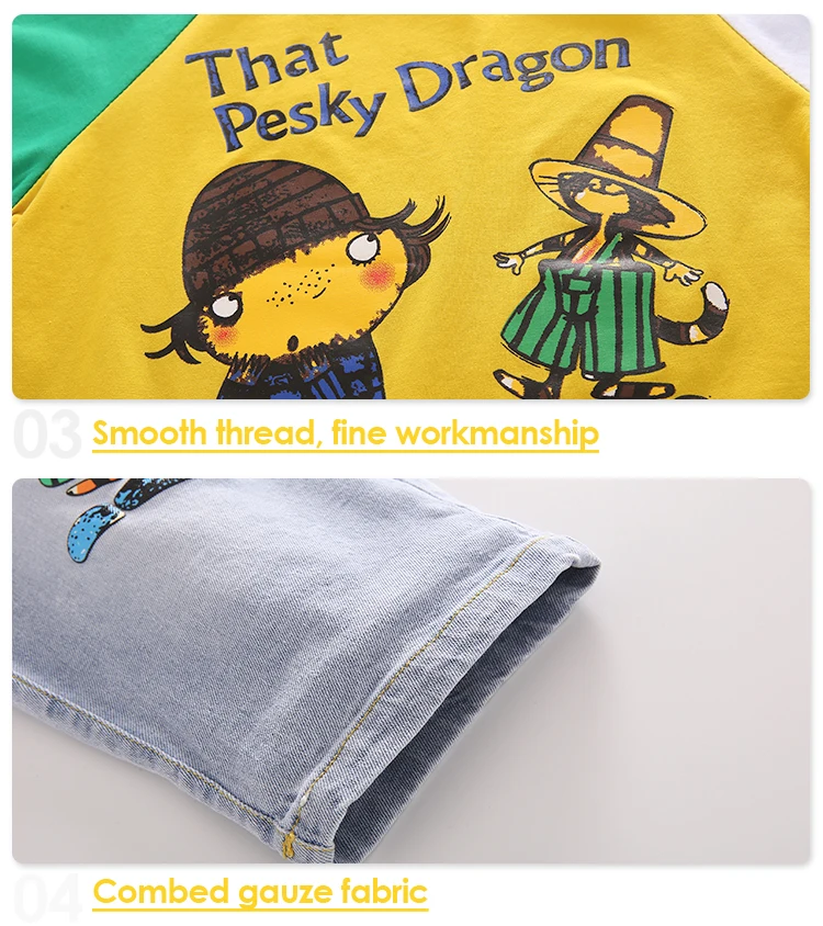 Girls Matching Two 2 Piece Outfits Clothing Denim Jean Shorts Color Block Matching T-Shirt And Jeans Clothing Set