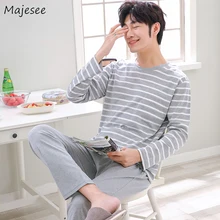 Пижамный комплект для мужчин с длинным рукавом в полоску с круглым вырезом Новая мода корейский стиль мужчины s плюс размер Домашняя одежда мужские удобные пижамы повседневные