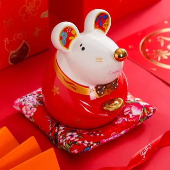 

2020 Chinese style Ceramics Red Outline in gold Fortune Mouse Not removable Piggy bank Crafts Home Desktop Decoration Child Gift