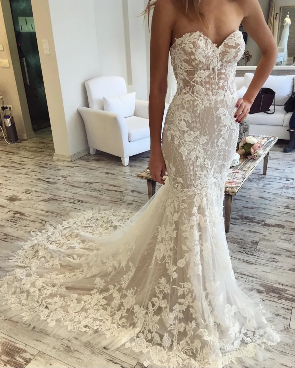 New Sweetheart Mermaid Wedding Dress Lace Floral Sweep Train Fitted Sexy Backless Bridal Gowns Graceful Vestido de noiva