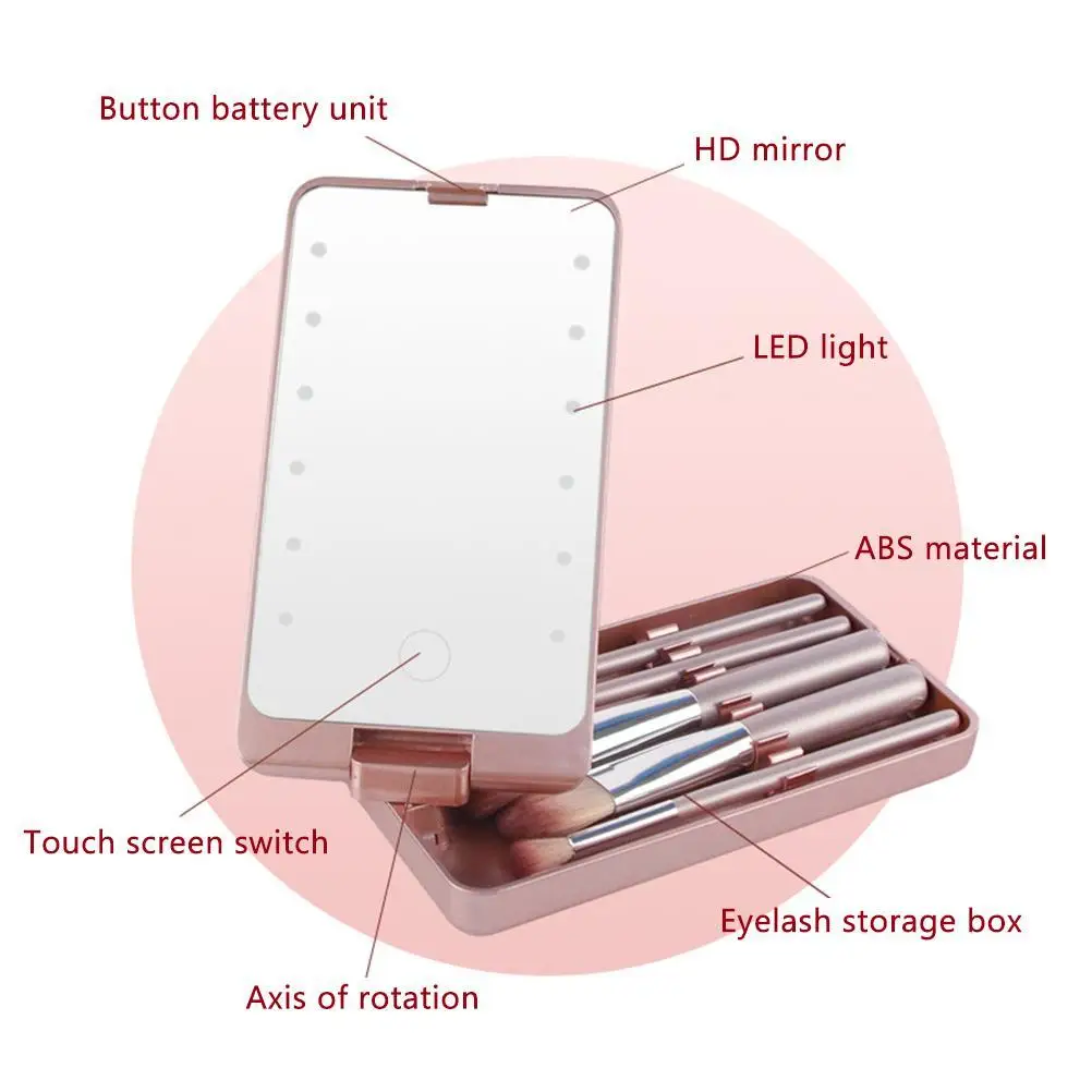 Led Makeup Cosmetic Mirror With Led Full Set Of Brushes Travel Portable Mirror Stroage Box Storage Makeup Organizer Mirror Box