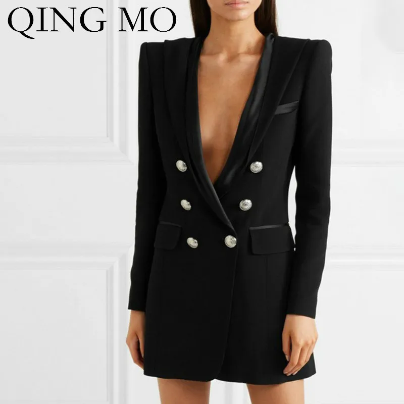 QING MO женский черный однотонный сексуальный костюм женское индивидуальное тонкое пальто женское пальто с длинным рукавом и капюшоном осень ZQY1371