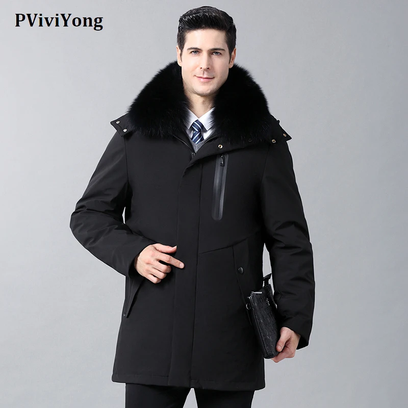 PViviYong Новая высококачественная мужская куртка на белом утином пуху, съемное пальто с капюшоном и воротником, мужские парки 19-13