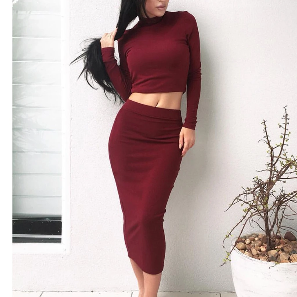 New Mid-Calf Dress Women Autumn O-Neck High Collar Long Sleeve Solid Sexy Two-Piece Tops And Skirt Suit Girl Ladies 729