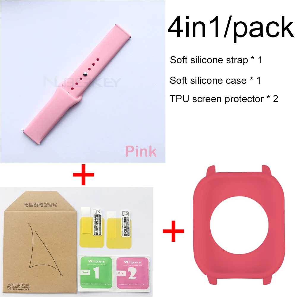 Pink-Pink case 4в1 Мягкая силиконовая лента для Xiaomi Huami Amazfit GTS ремешок браслет часы с Мягкий силиконовый чехол Защитная пленка для экрана - Цвет: Pink-Pink case