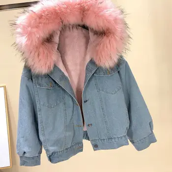 

Womens Winter Faux Denim Short Jacket with Plush Hooded Collar Thermal Thicken Lining Long Sleeves Warm Coat Bomber Outwear