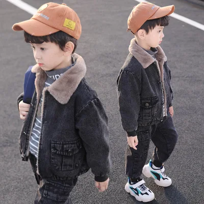 Взрывные модели, одежда для детей 5-10 лет, зимняя джинсовая куртка для маленьких мальчиков, штаны, модный вельветовый джинсовый костюм из двух предметов