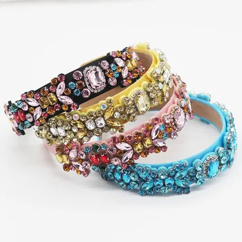 

Luxury Fashion Temperament Beads Hairband Pink Crystal Geometric Flower Headband Blue Colorful Rhinestone Hair Hoop Bling Yellow