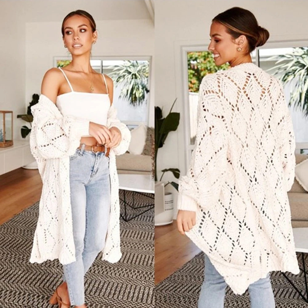 Knit Long Cardigan Sweater 2019 Hollow Winter Women Loose Oversized Casual Bat Sleeve White Modis |