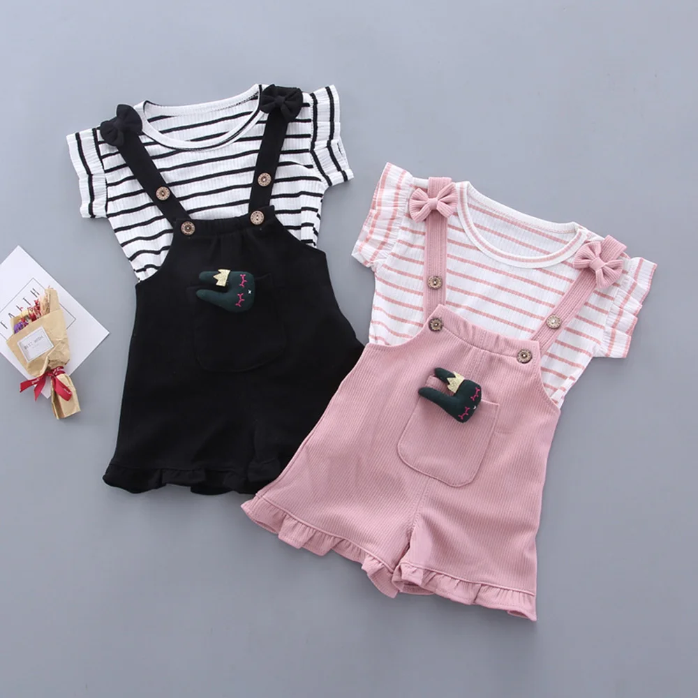 

The New Summer baby girl clothes Striped short sleeve T-shirt + back belt shorts 2-piece set Children' Clothing 6Months-4 Yrs