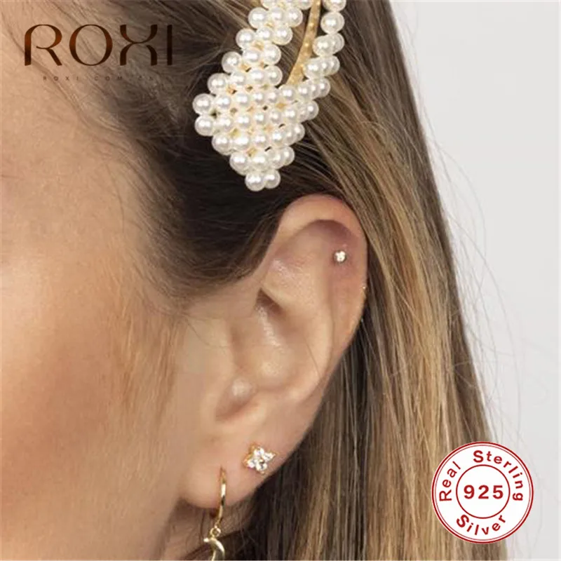 ROXI, 925 пробы, серебряные геометрические круглые CZ серьги-гвоздики для женщин, ушные кости, ушные пряжки, кольцо, хрящевая спираль, серьги для пирсинга