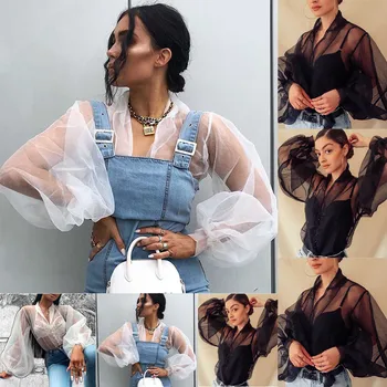 

Winter 2020 Casual Women Chiffon V-Neck Perspective mesh Solid Puff Sleeve Tops Blouse Dropshipping INS style Net red Fashion s