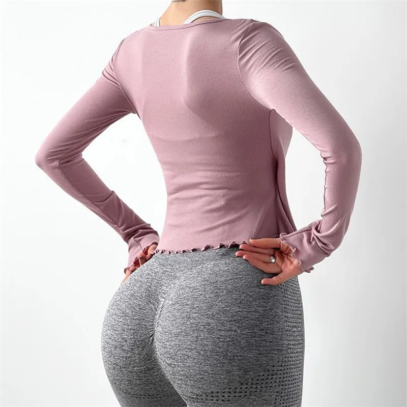 Mermaid Curve Sexy Pilates Yoga Shirt Female Long Sleeve Lace-Up Bandage Sports Tops Running Quick Dry Slim Dance Yoga Clothes