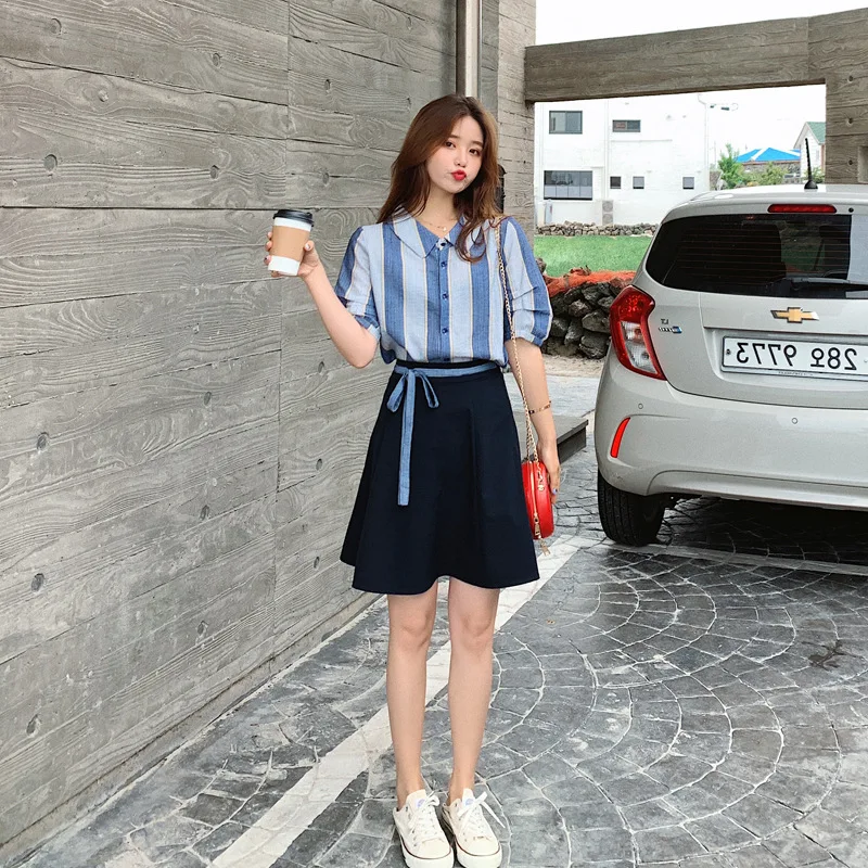 

Summer New Style Students Set Striped Shirt Skirt Two-Piece Set Refreshing Blue Navy Style Midi-skirt