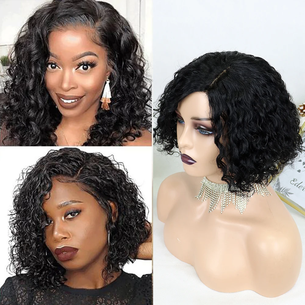 Corte de Cabelo Humano para as Mulheres Perucas Encaracoladas Curto Pixie Natural Preto Remy Cabelo 150% Densidade Glueless Barato Parte Lateral Humanas 10 Cheap Apliques com cabelo humano