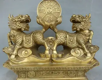

16" Chinese Pure Bronze Fengshui Dragon Kylin Kirin Beast Coin Money Ruyi Statue