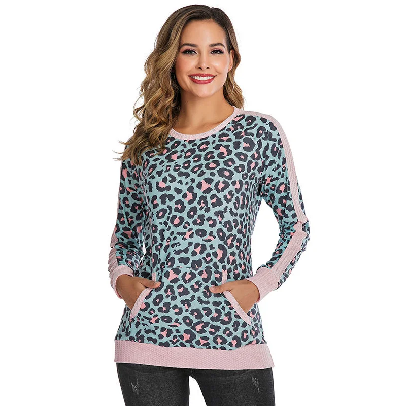 

Womens Fashion Leopard Camouflage Print Pockets Long Sleeve Shirt O-neck Loose TShirt Lady Autumn Winter Casual Tops Streetwear