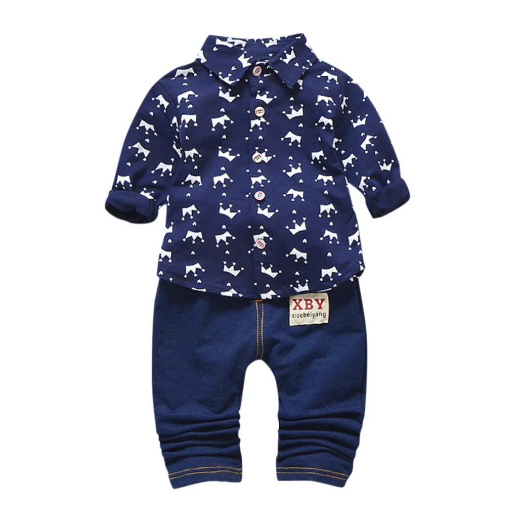 Navy Long Section Комплект из топа и штанов; Модная рубашка с короткими рукавами и принтом короны для маленьких мальчиков комплект из топа и джинсовых штанов для детей - Цвет: Navy Long Section