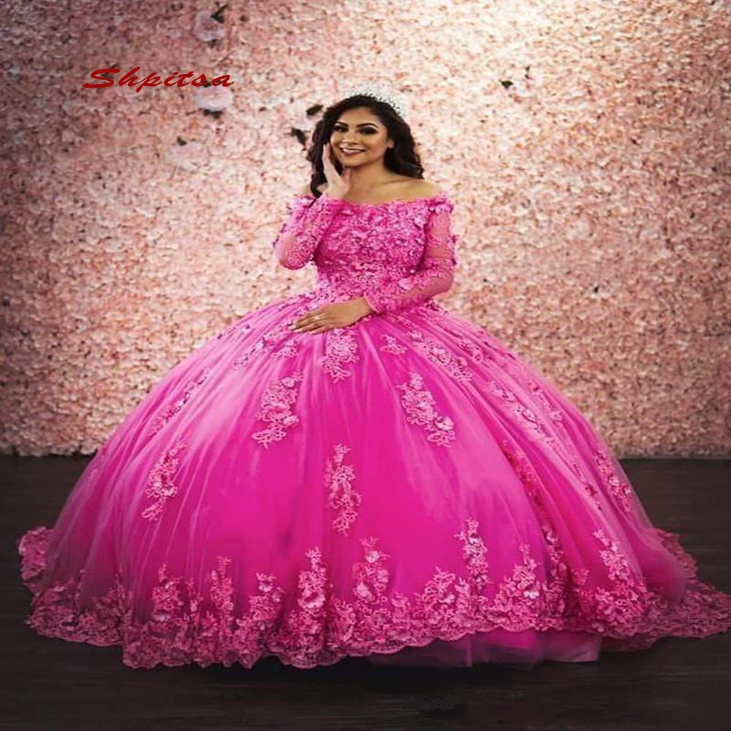 

Fuchsia Tulle Quinceanera Dresses 2020 Princess Long Sleeve Masquerade Ball Gown Prom Sweet 16 Dresses for 15 Years
