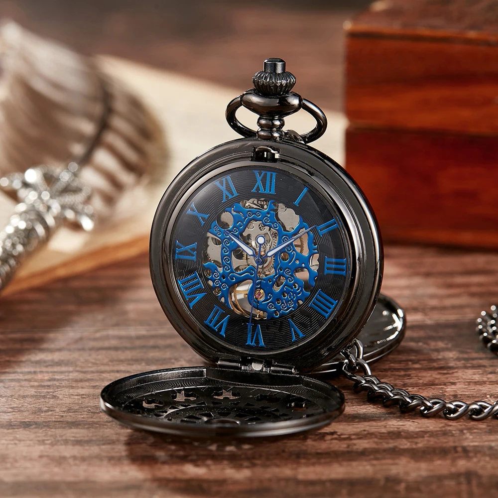 Retro Bronze  Mechanical Pocket Watch Vintage Hollow Gear Engraved Pocket Watches Fob Chain Necklace Flip Hand Winding Clock