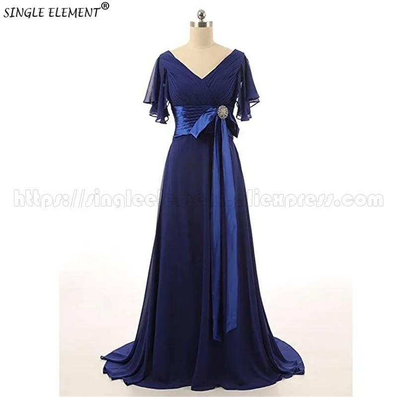 

Royal Blue Chiffon Mother of The Bride Dresses V Neck Long Wedding Party Dresses