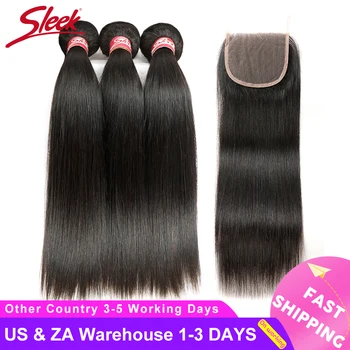

Sleek Brazilian Straight Hair Bundles With Closure Natural Color Short Hair Weave Non-Remy Human Hair 3 Bundles With Closure