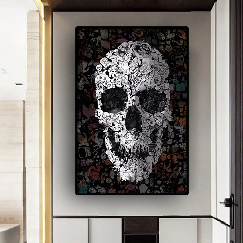 

Doodle Skull Paintings Black and White Canvas Painting Wall Art Halloween Posters and Prints for Living Room Decor Bedroom