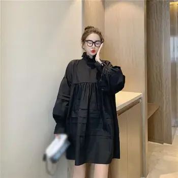 

Turtleneck Long Lantern Sleeve Ruffles Loose Mini Dress Solid Autumn Casual A-Line Dresses