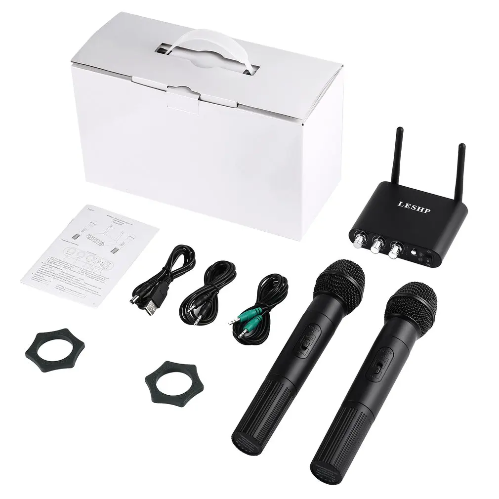 LESHP Portable Handheld Wireless KTV Karaoke Microphone Set with Receiving Box UHF Band Light Weight Black