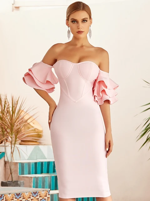 Adyce 2021 New Summer Women Pink Off Shoulder Bodycon Bandage Dress Sexy Butterfly Short Sleeve Hot Celebrity Runway Party Dress 4