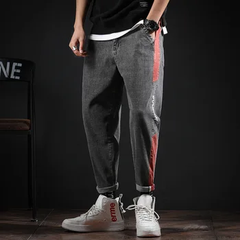 

#2156 Hip Hop Jeans Men Side Spliced Japanese Streetwear Biker Jeans Full Length Elastic Waist Denim Pencil Harem Jeans Loose