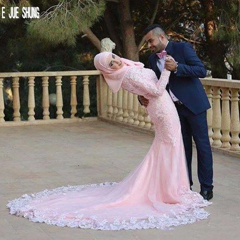 E JUE SHUNG роскошные розовые мусульманские свадебные платья Длинные рукава высокая шея Русалка Свадебные платья Кружева Аппликации Saudi Robe De Mariee