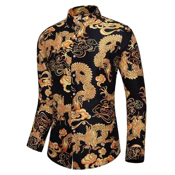 

Dress Shirt for Men Fashion Dragon pattern Long sleeve Casual Social Blouse Men Shirts Black Blue New