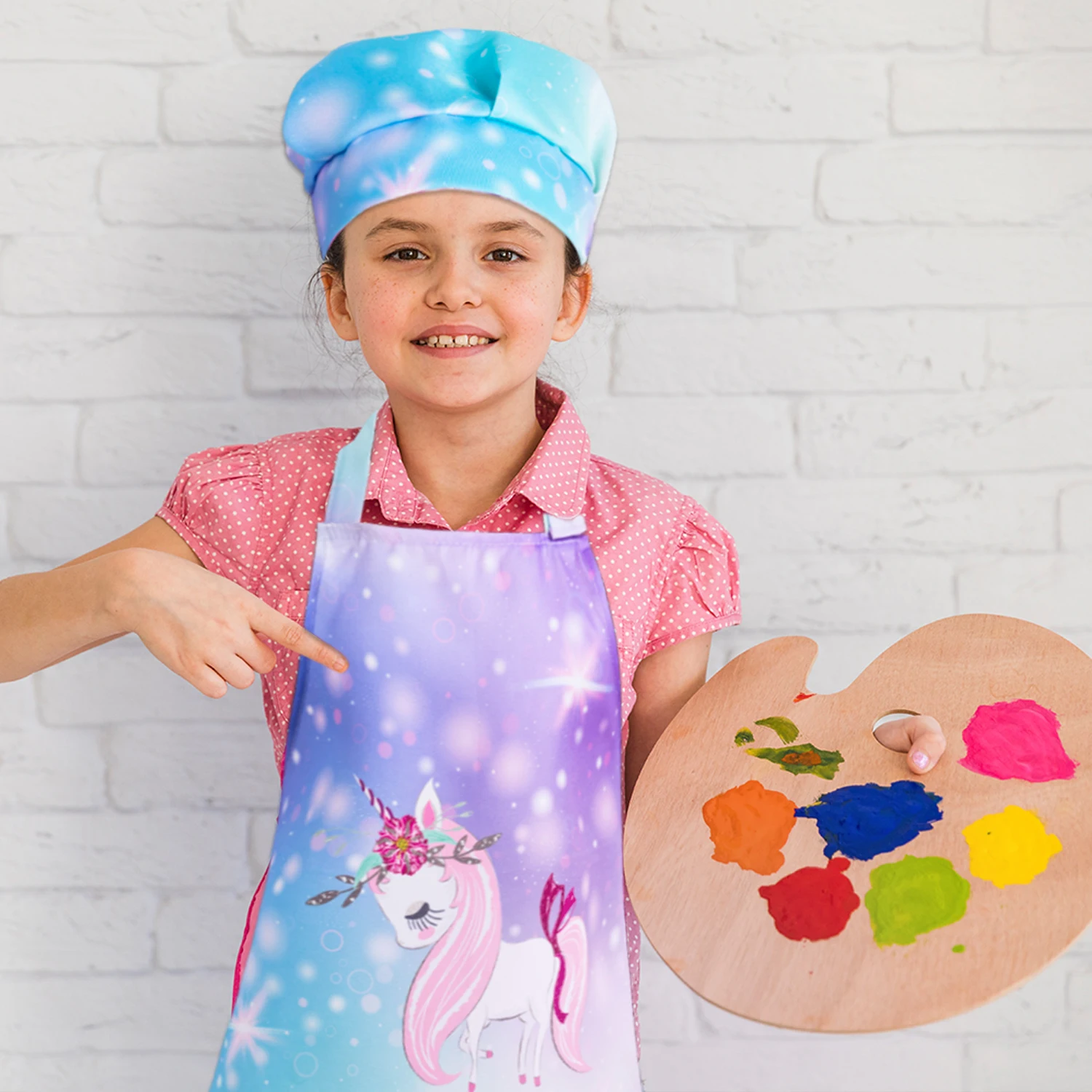 ICOSY Kids Apron for Girls Unicorn Cooking Apron Toddler Girl Donuts Kitchen Apron and Chef Hat Set with 2 Pockets 